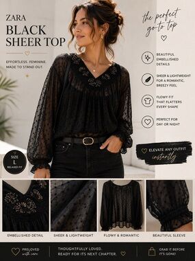 Zara Black Sheer Top with Embellished Details